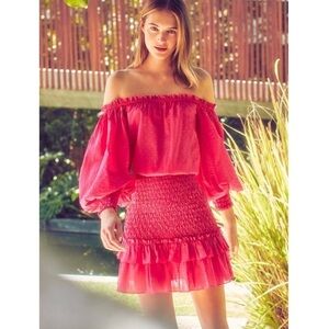 Alexis Marilena Off the Shoulder Mini Dress Pink Cotton Smocked Ruffle